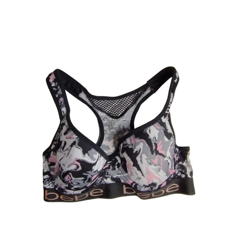 bebe Intimates Black Pink Gray Racerback Sports Bra Size S - Underwire - Mesh